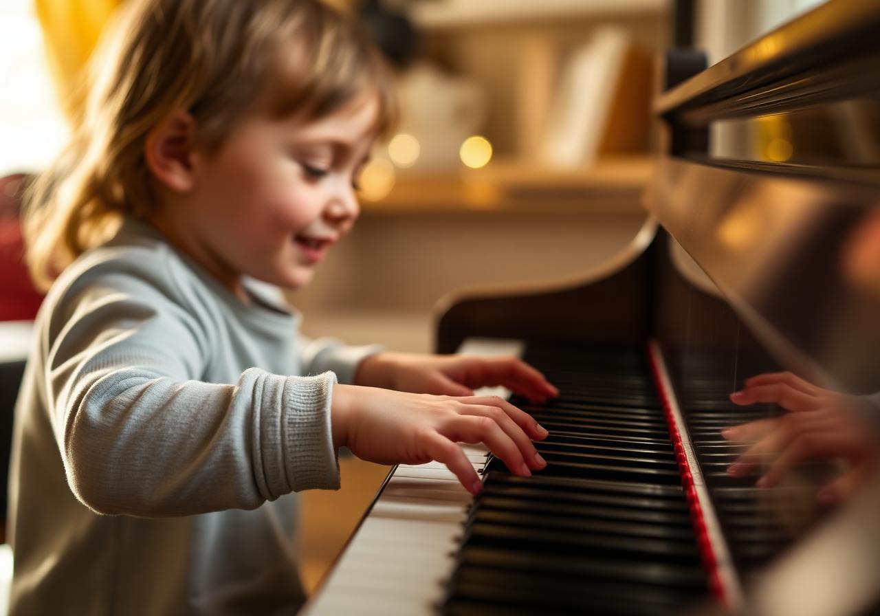 A close-up of a child's hands learning to play piano