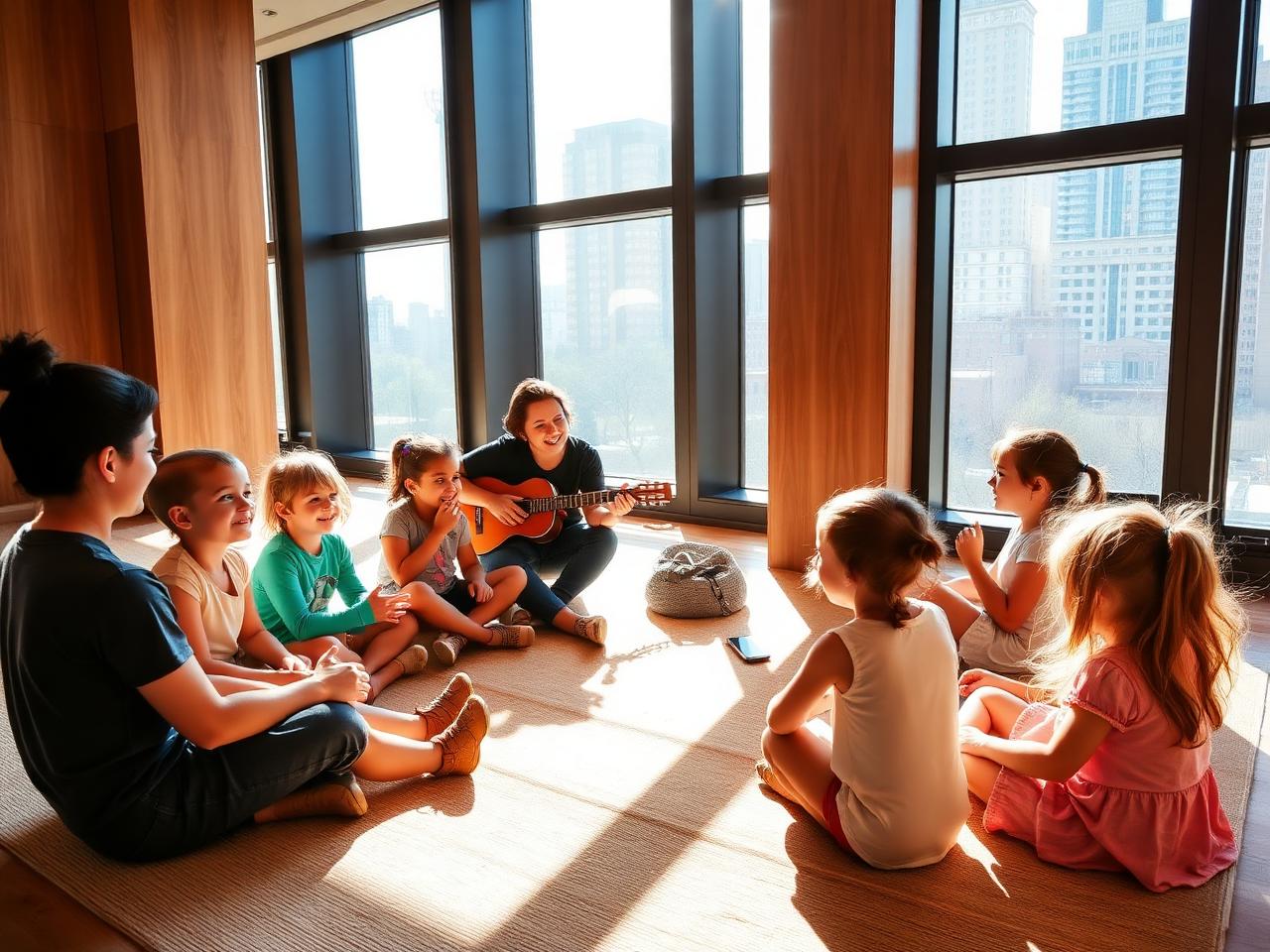 Children sitting in a circle with a guitar-playing instructor inside a luxury Manhattan amenity room