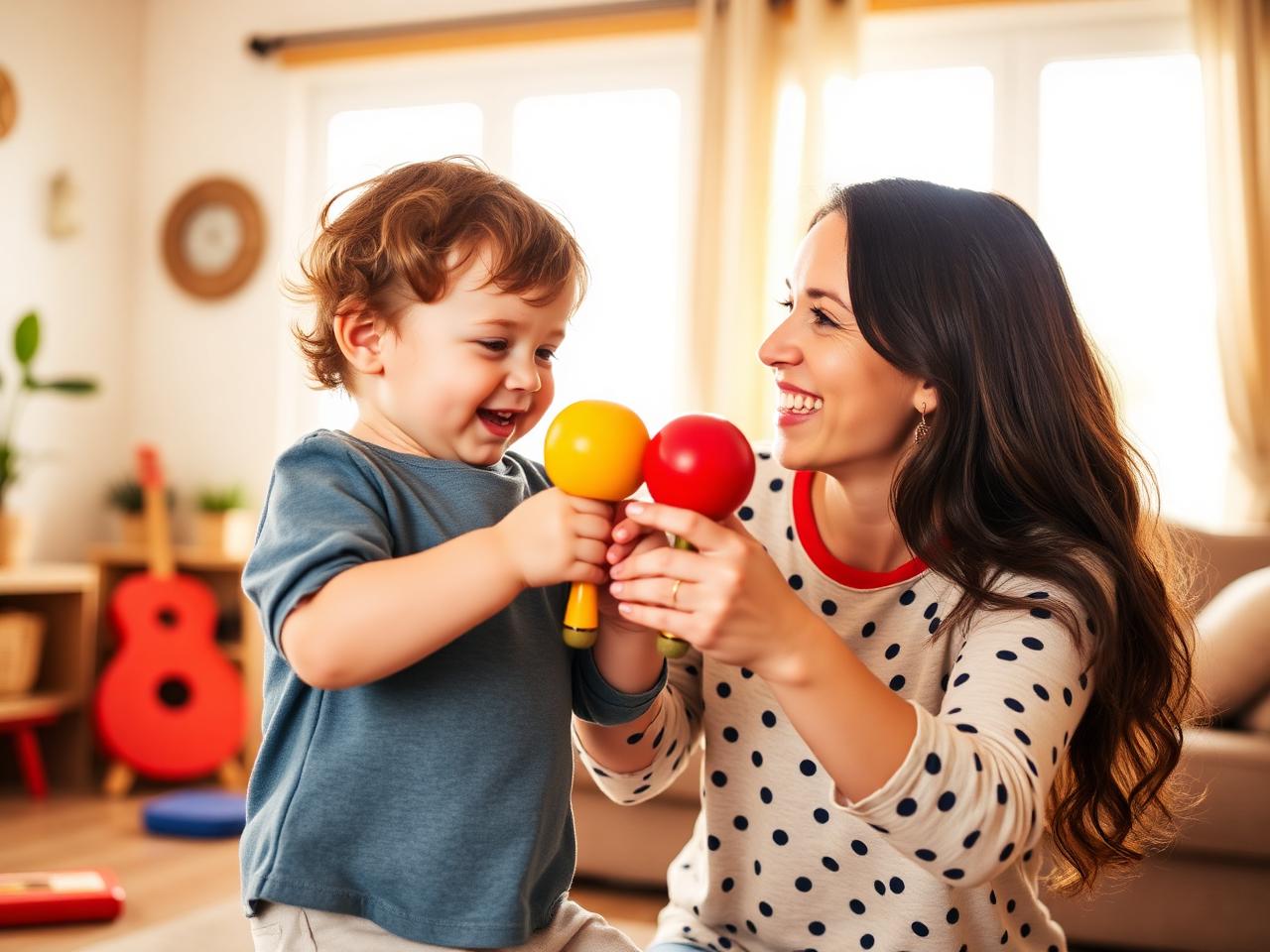 A toddler and parent shaking maracas together