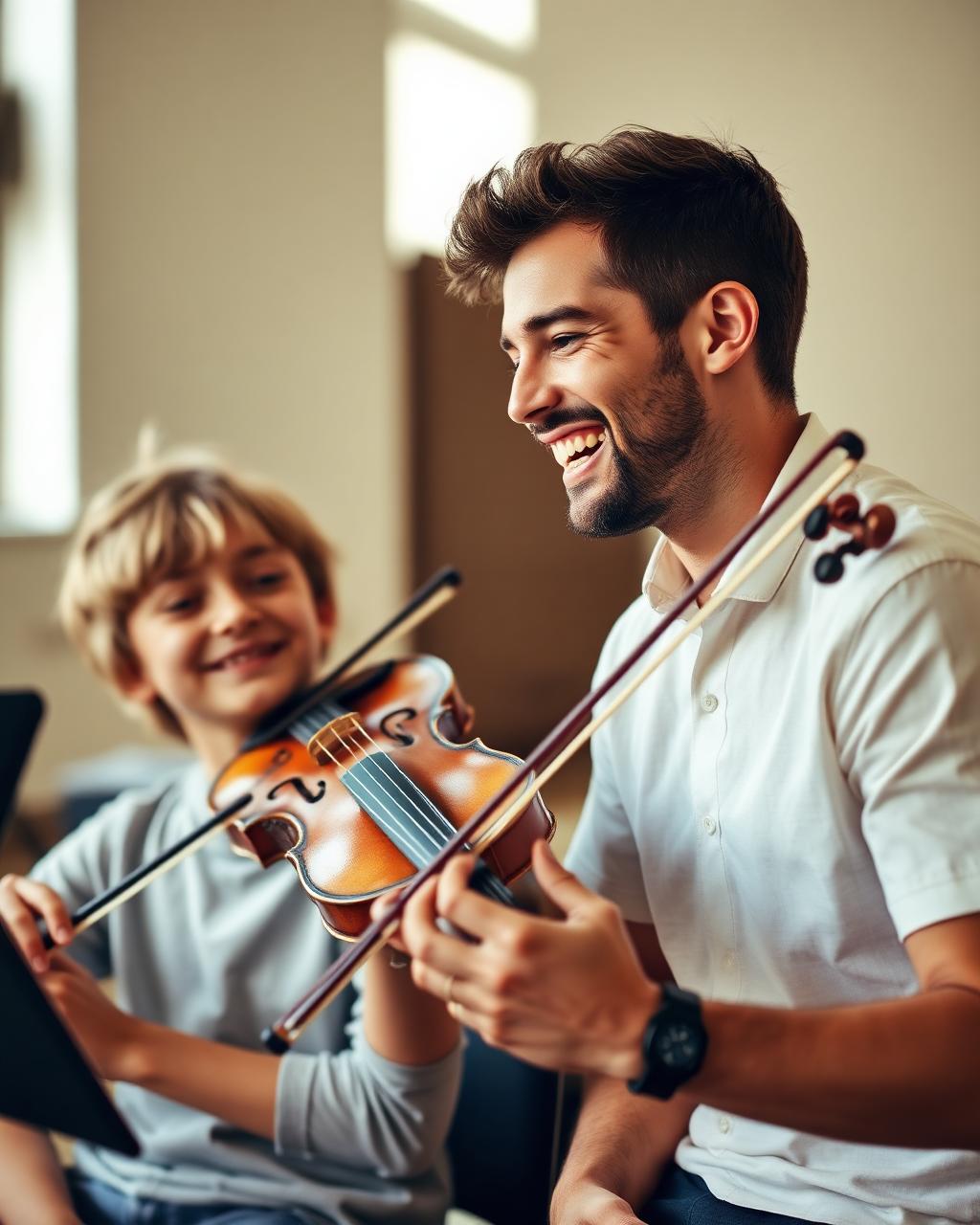 A music instructor laughing with a student